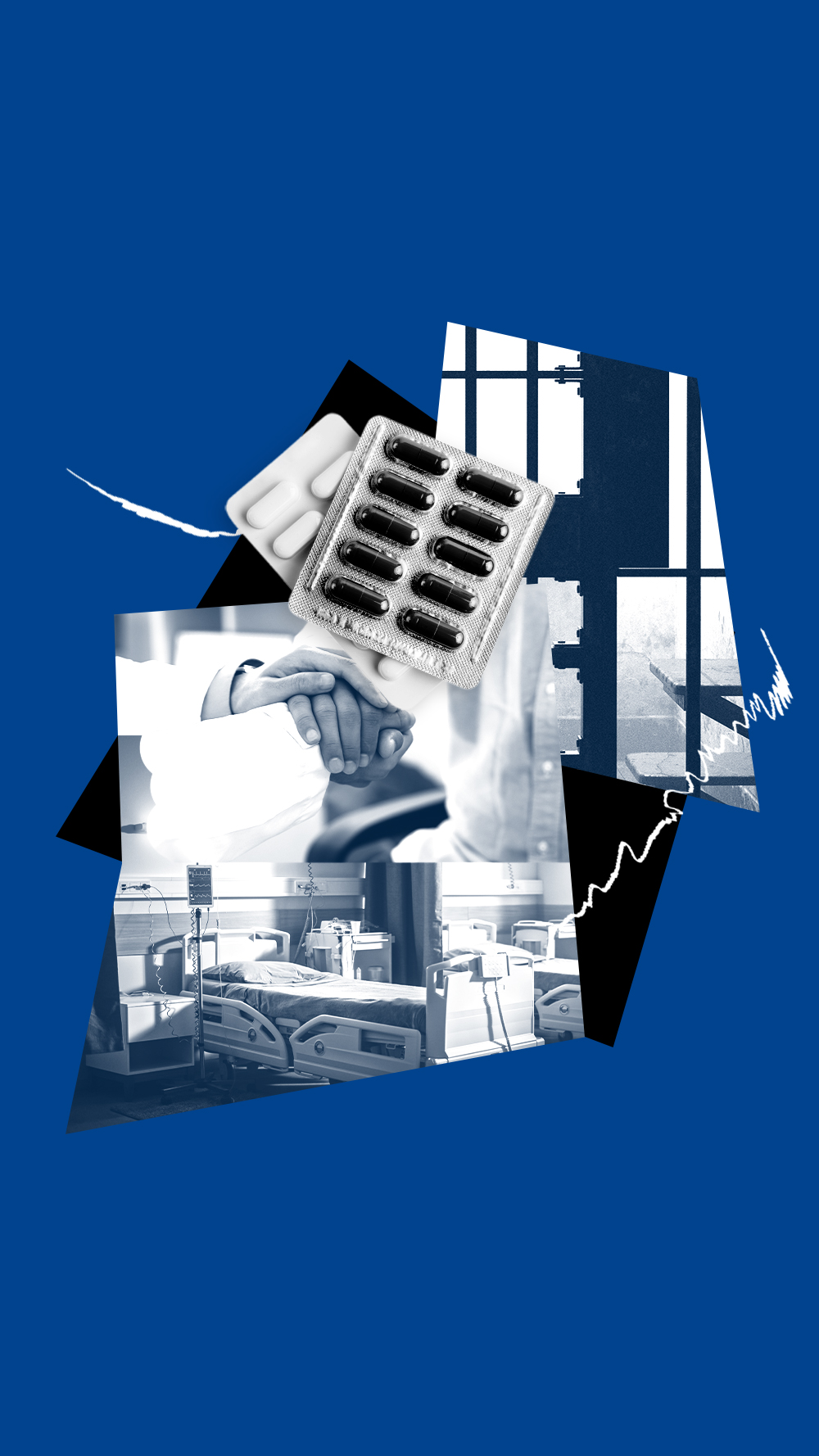 Collage on a blue background showing prescription pills, a hospital bed, a doctor holding a patient’s hand, and barred windows, illustrating medical care and health conditions inside immigration detention or correctional facilities.