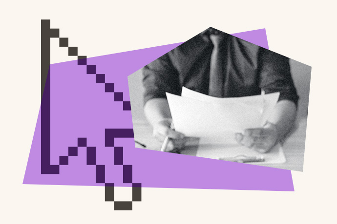An illustrated collage of a digital mouse icon and someone holding a stack of papers