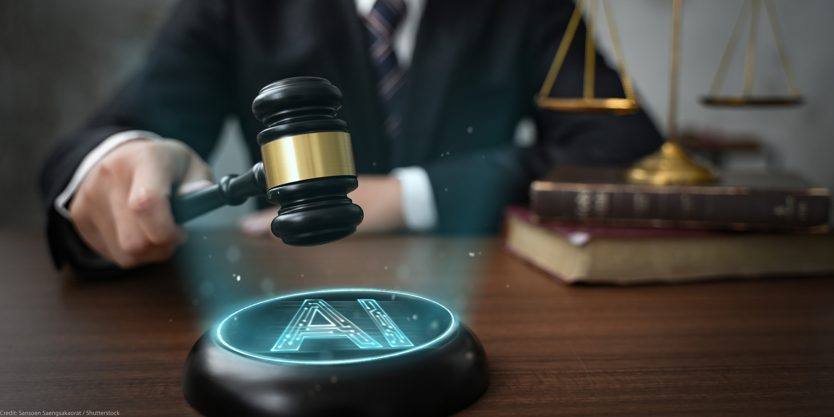 A judge, face not visible, holding a gavel above a glowing “AI” button on a desk, with scales of justice in the background.