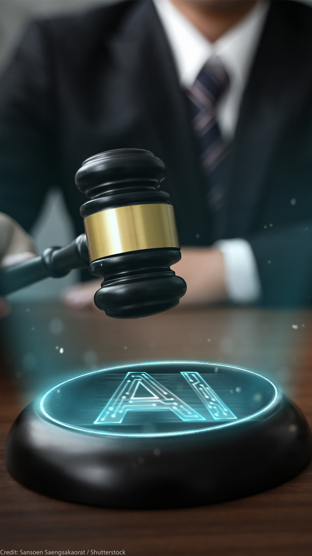 A judge, face not visible, holding a gavel above a glowing “AI” button on a desk, with scales of justice in the background.