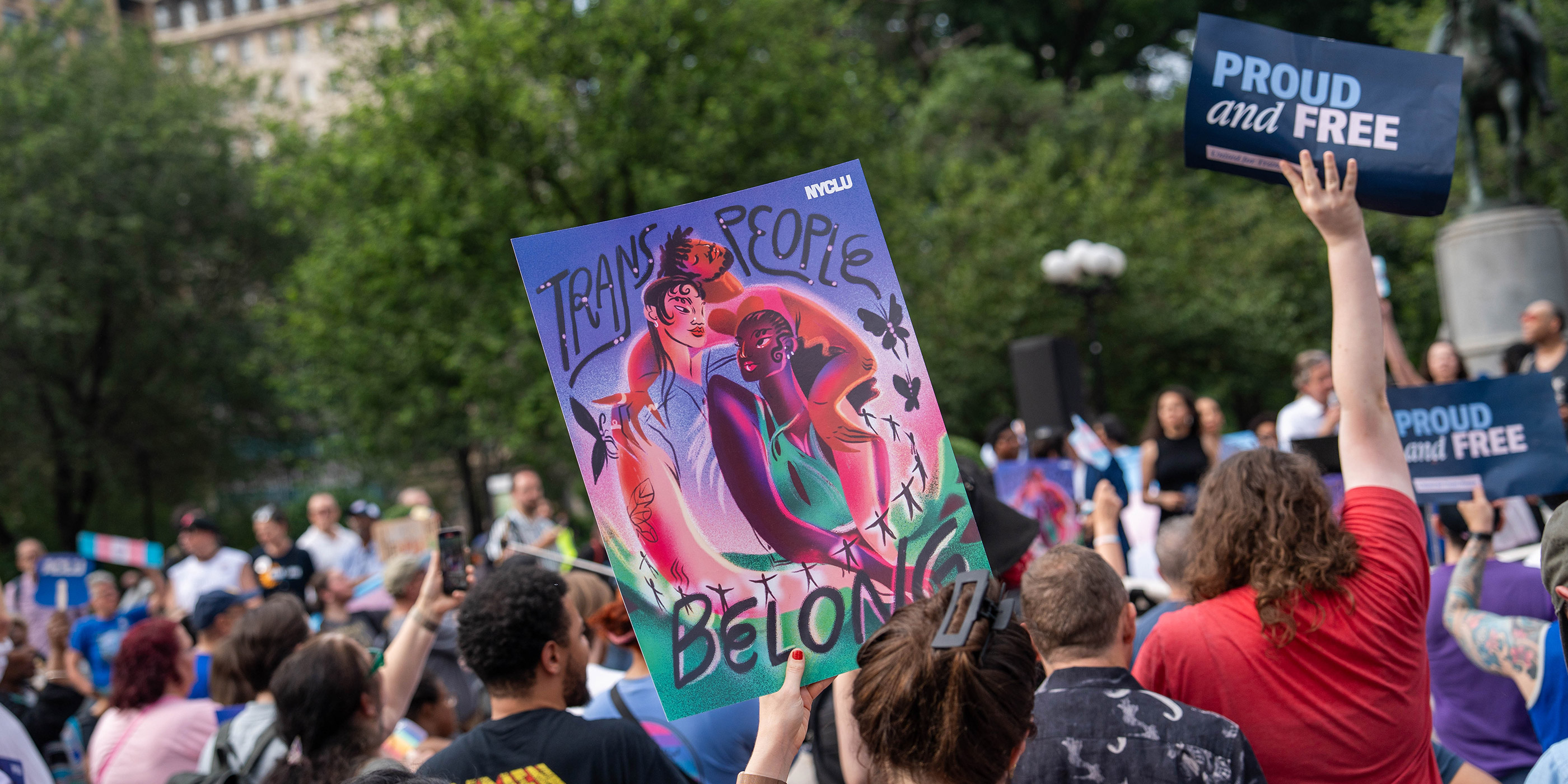 New Yorkers gathered to protest the US Supreme Court's decision in the case United States v. Skrmetti, which upheld Tennessee's ban on gender-affirming care for trans youth.
