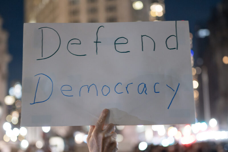 A demonstrator holding a sign that says Defend Democracy.